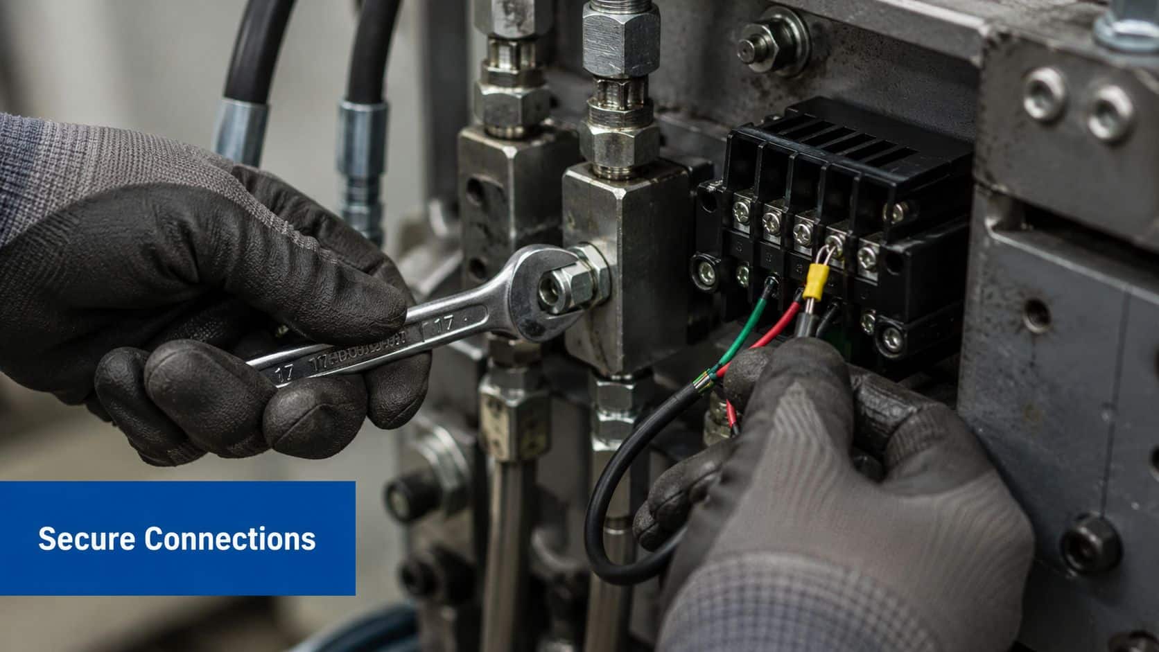 A technician wearing gloves secures a hydraulic fitting with a wrench while working on industrial electrical wiring.