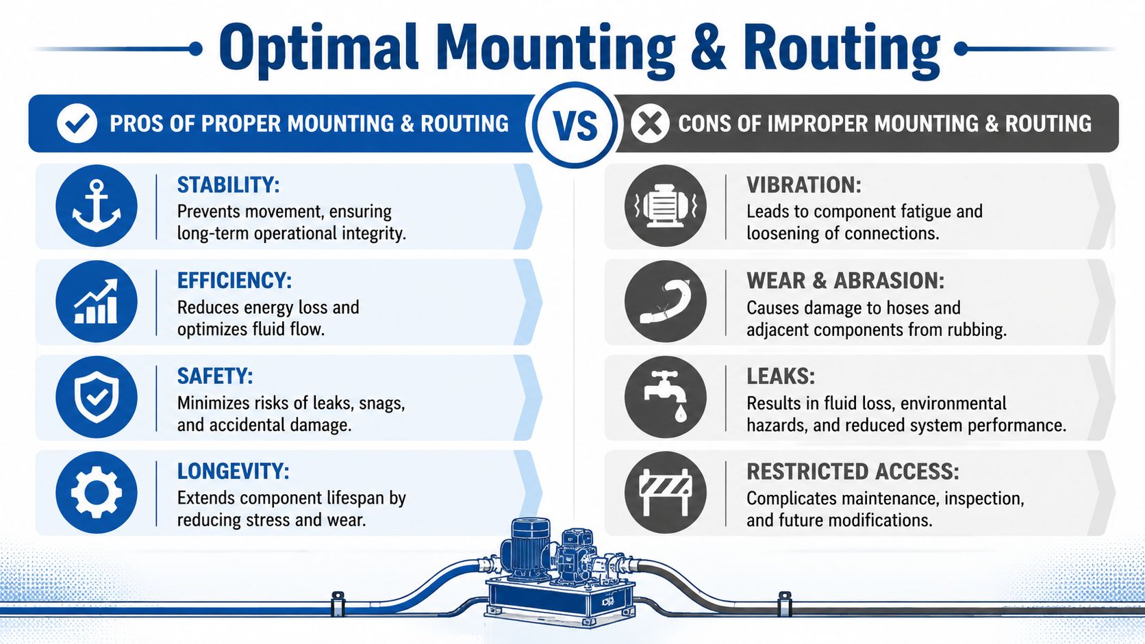 An infographic comparing the benefits of proper mounting and routing against the risks of improper installation.