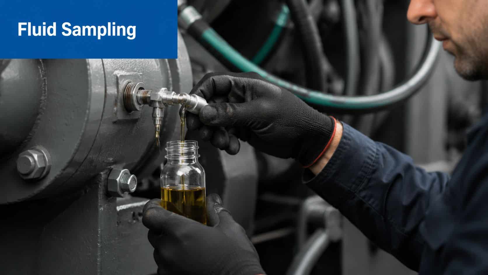 A technician wearing black gloves collects an oil sample from industrial equipment into a clear bottle.