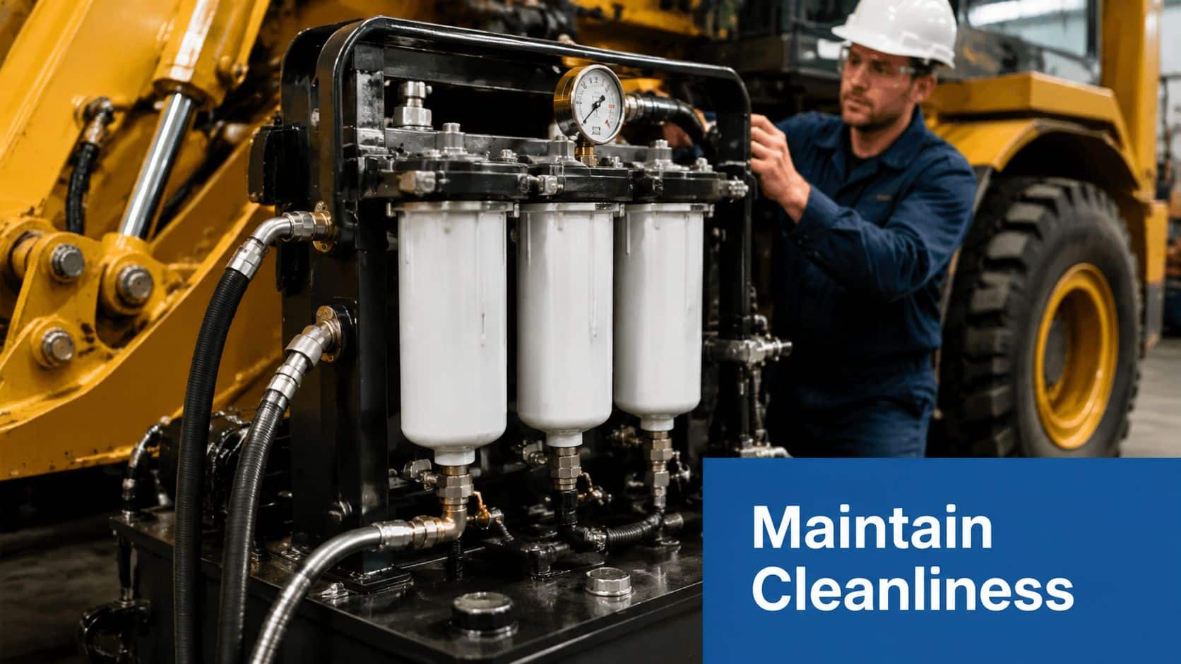 A maintenance technician works on heavy machinery equipment focused on maintaining oil and fluid cleanliness levels.