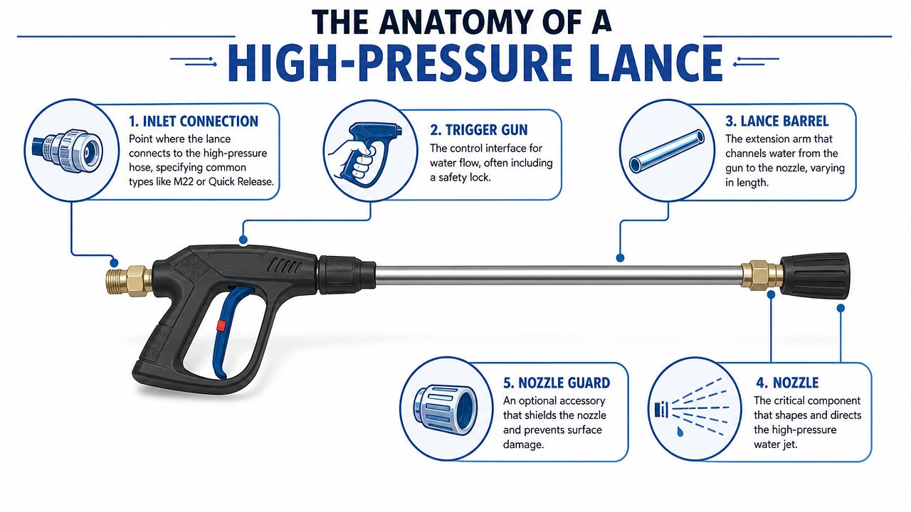 A labeled diagram showing the anatomy of a high-pressure jet wash lance with five numbered components.