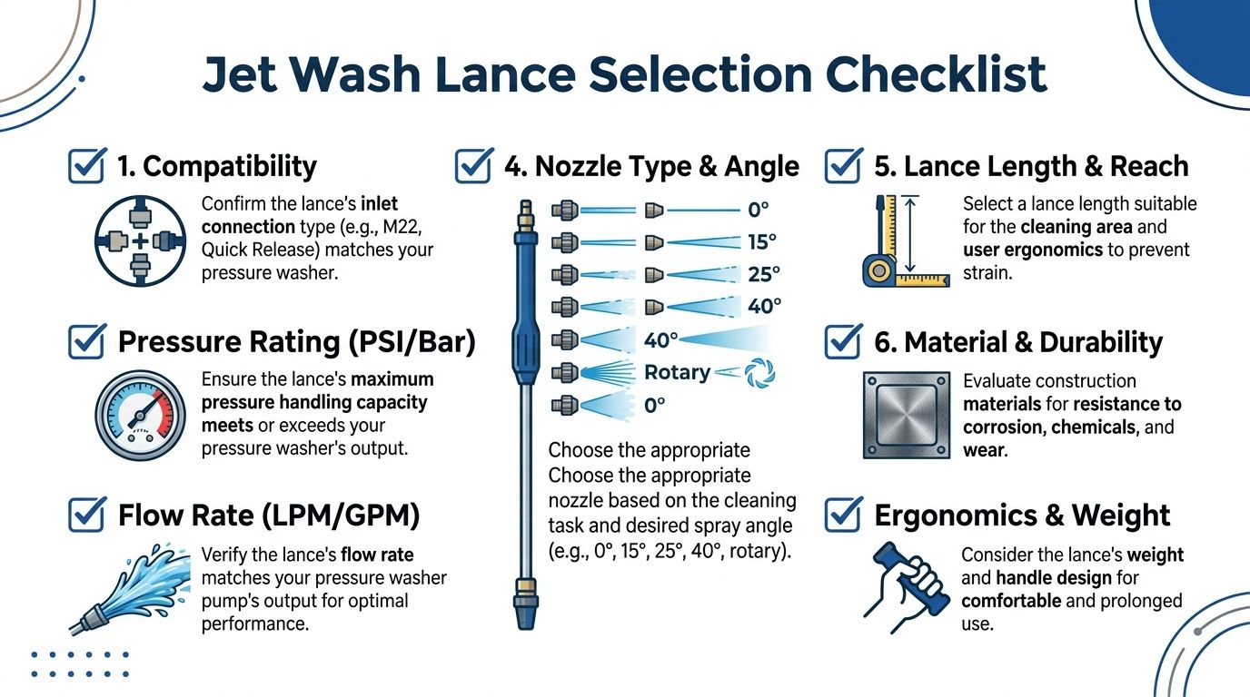 An infographic checklist for selecting the right jet wash lance including compatibility, pressure rating, and nozzle types.