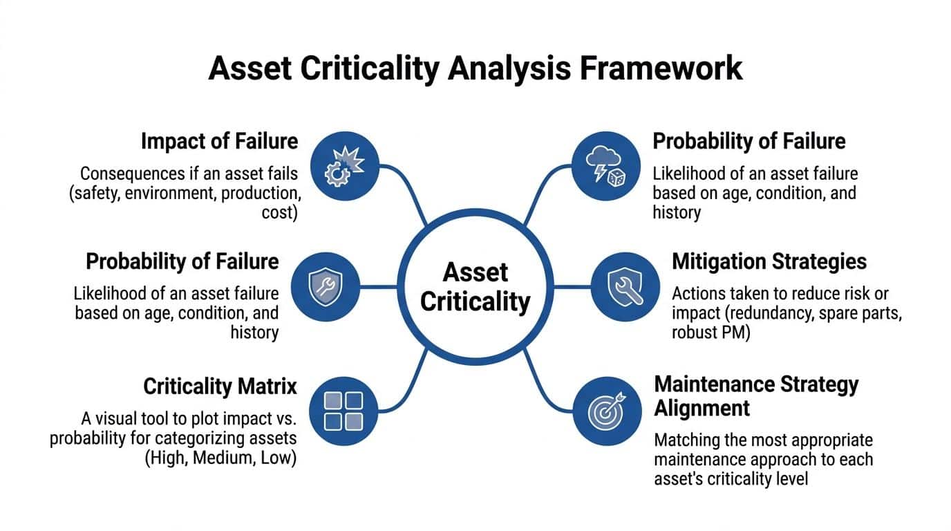 A diagram outlining the framework for assessing asset criticality through impact, failure probability, and maintenance strategies.