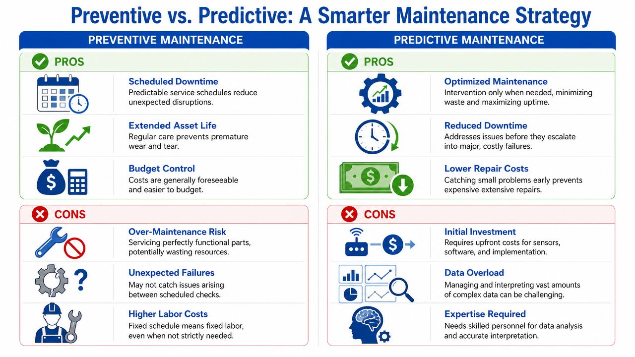 A comparison chart outlining the pros and cons of preventive versus predictive maintenance strategies for business operations.