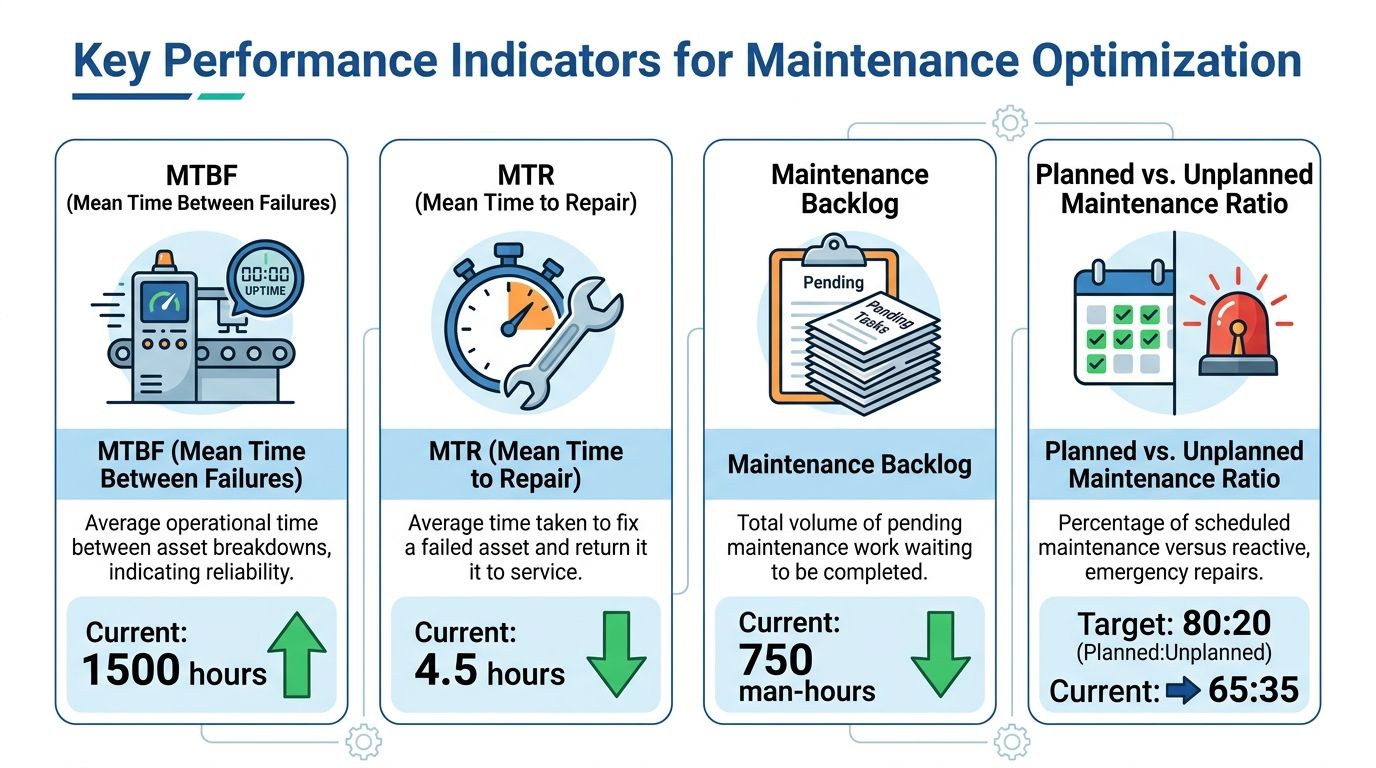 An infographic showing four key performance indicators for maintenance optimization with current status metrics and targets.