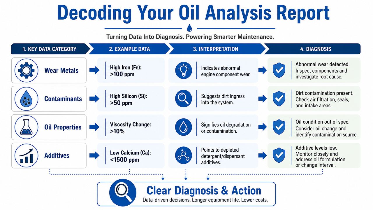 A chart showing how to decode an oil analysis report for engine maintenance and equipment diagnostics.