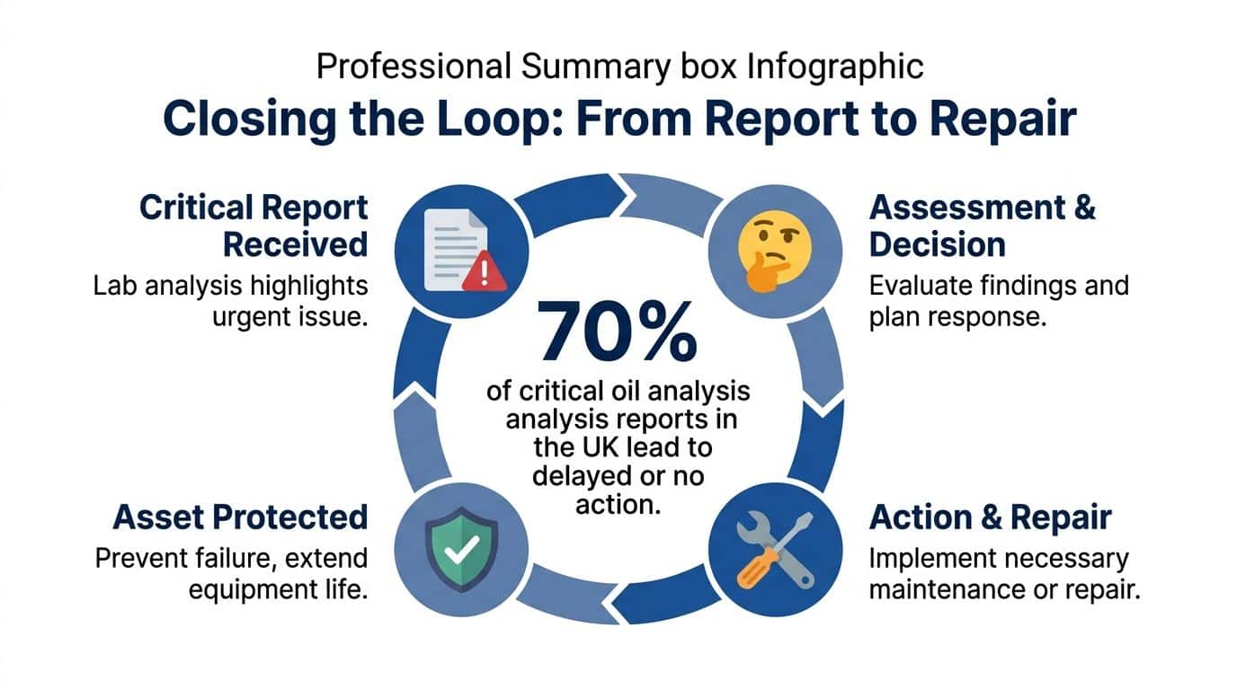 An infographic showing a circular process for managing critical oil analysis reports to prevent equipment failure.
