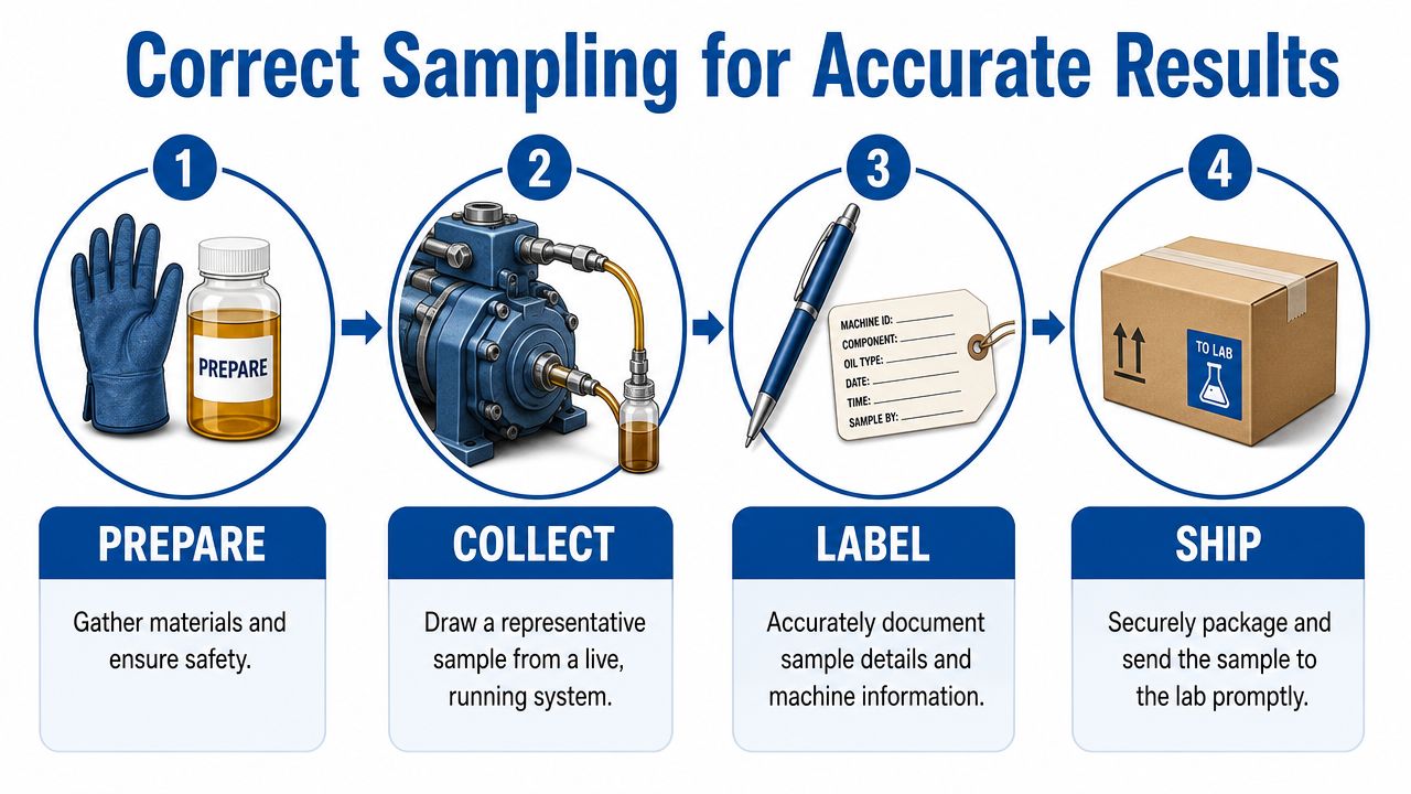 A four-step infographic illustrating the oil analysis process: prepare, collect, label, and ship for accurate results.