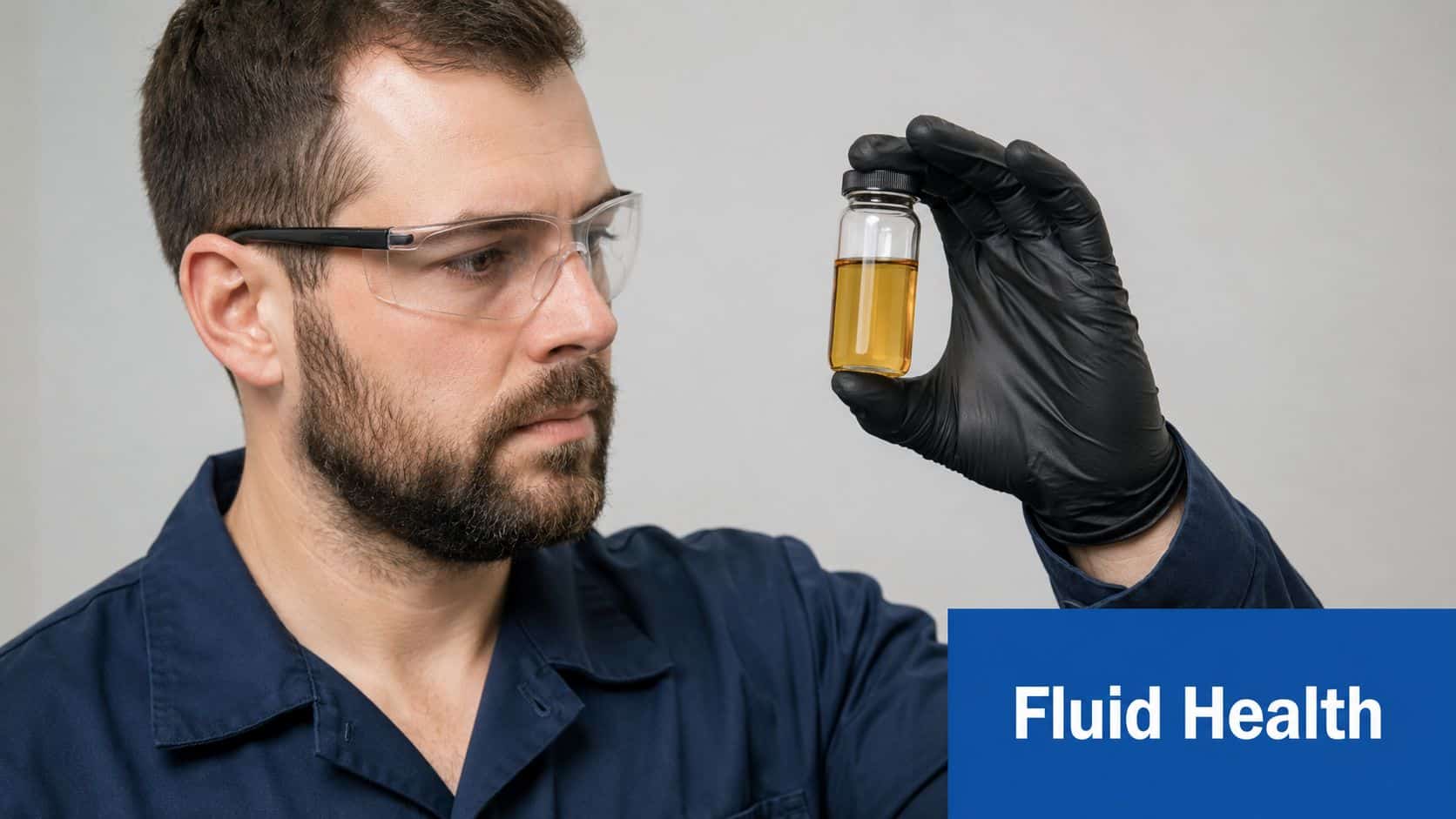 A technician wearing safety glasses and black gloves examines a small vial of amber-colored oil.