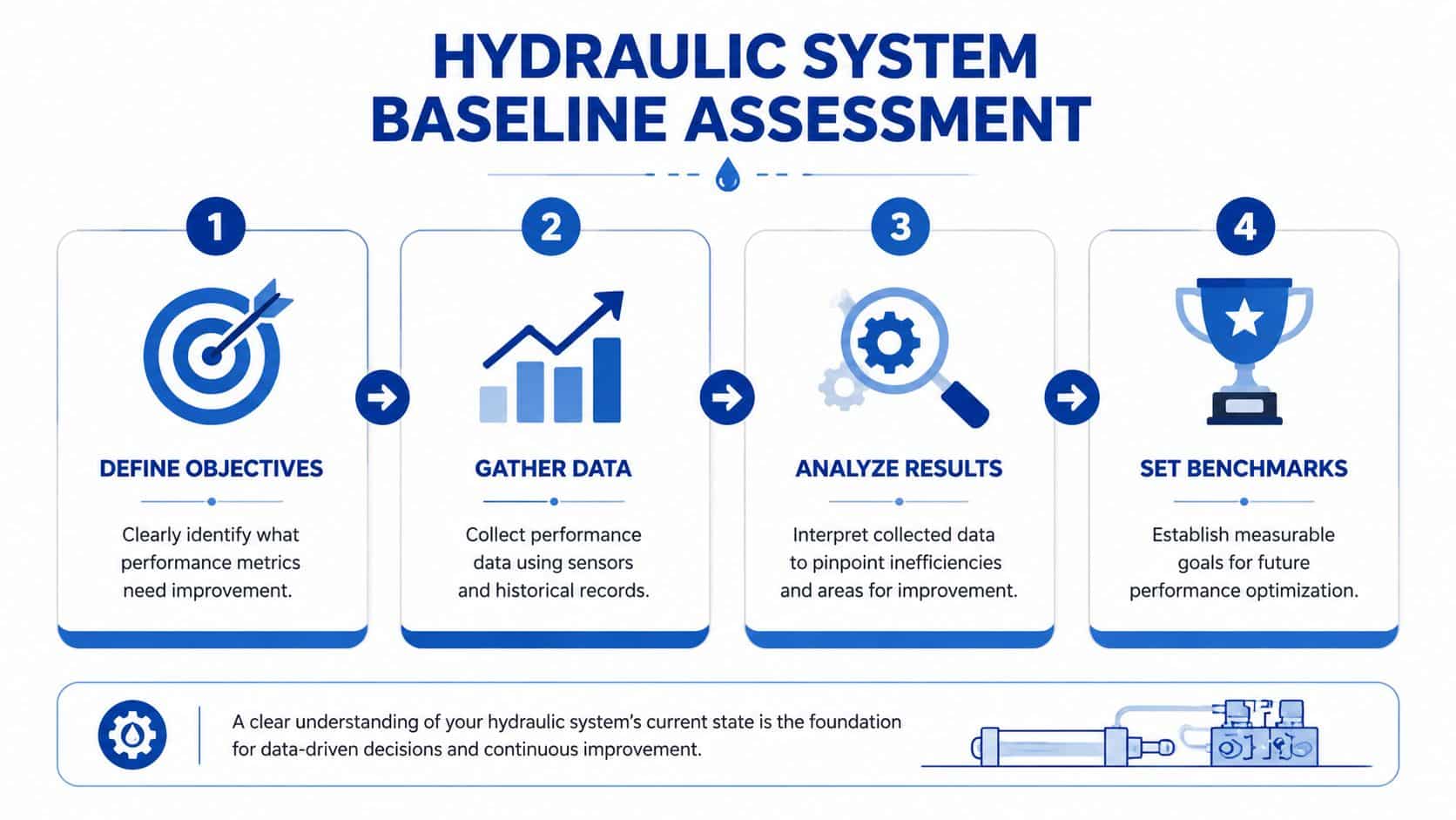 A four-step infographic illustrating the process for conducting a hydraulic system baseline assessment for performance optimization.