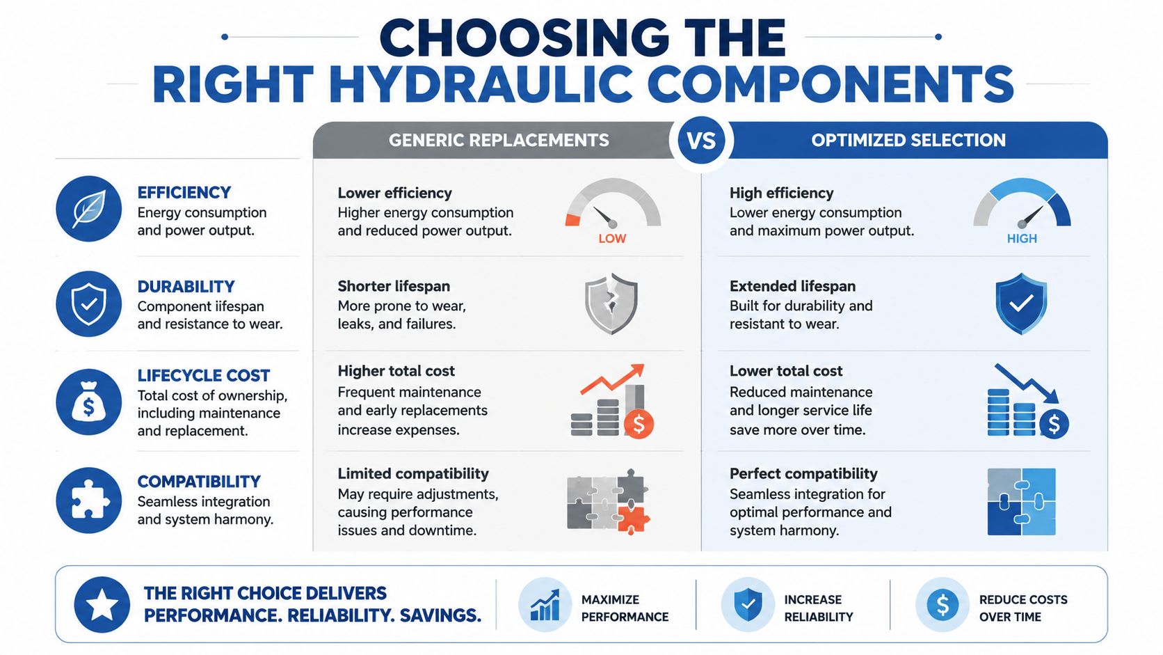 A comparison chart showing benefits of optimized hydraulic components over generic replacements for performance and cost.
