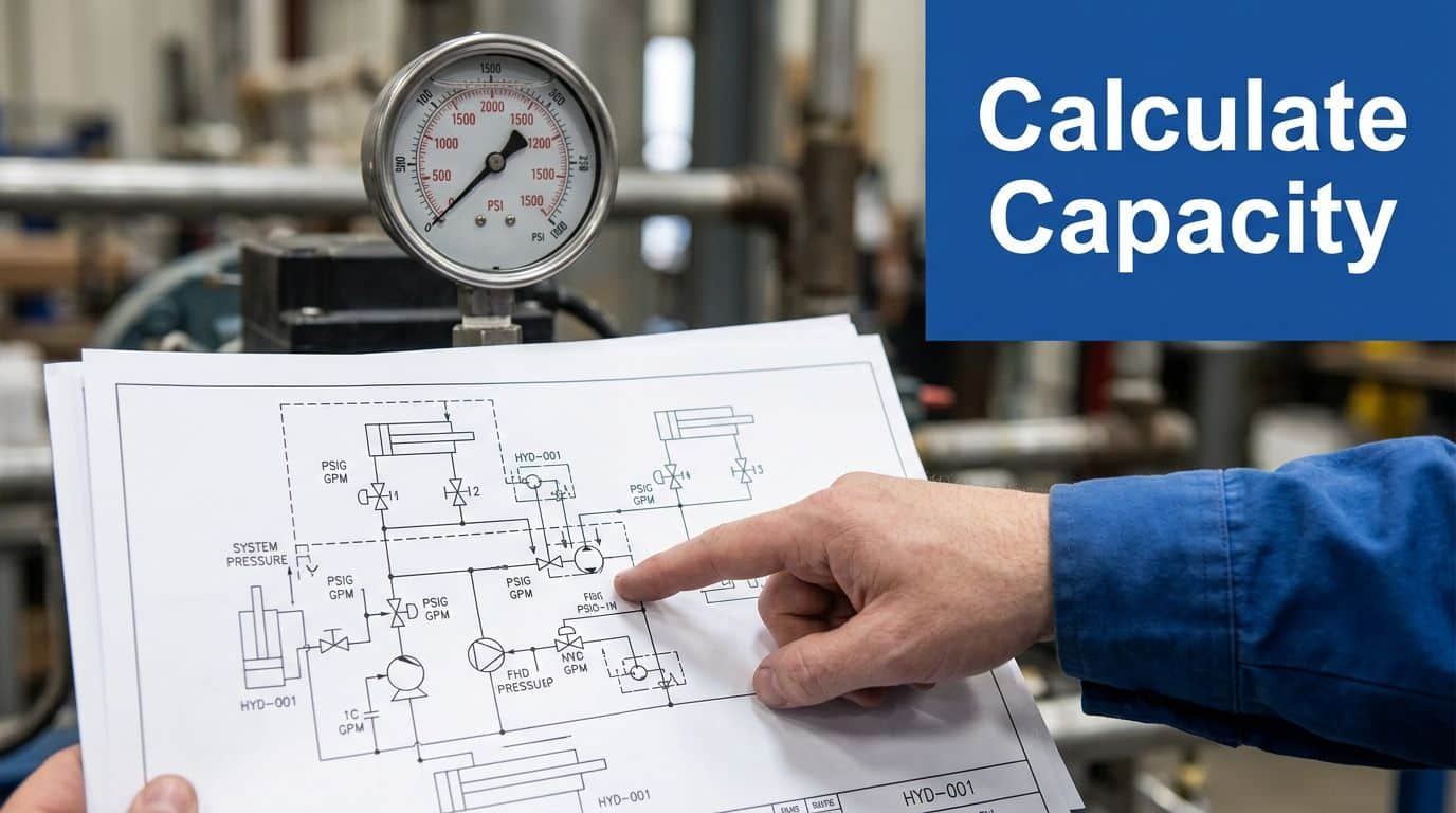A technician reviews a hydraulic schematic diagram while a pressure gauge measures the system's operational pressure.