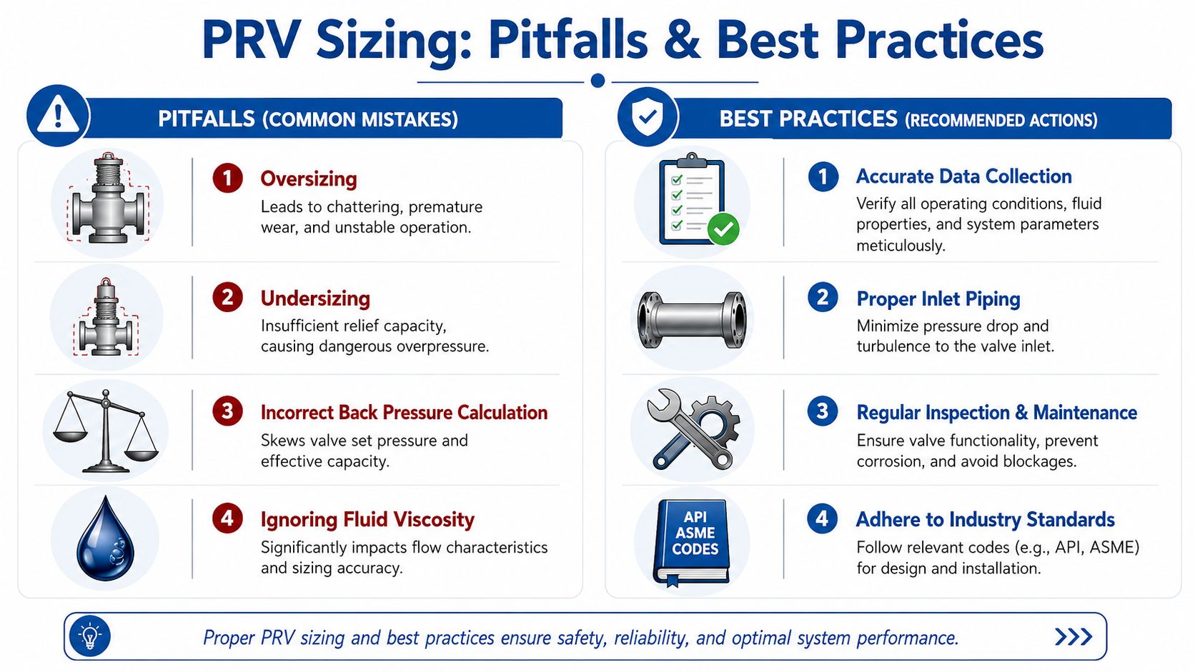 An infographic detailing common pitfalls and best practices for pressure relief valve sizing in industrial applications.