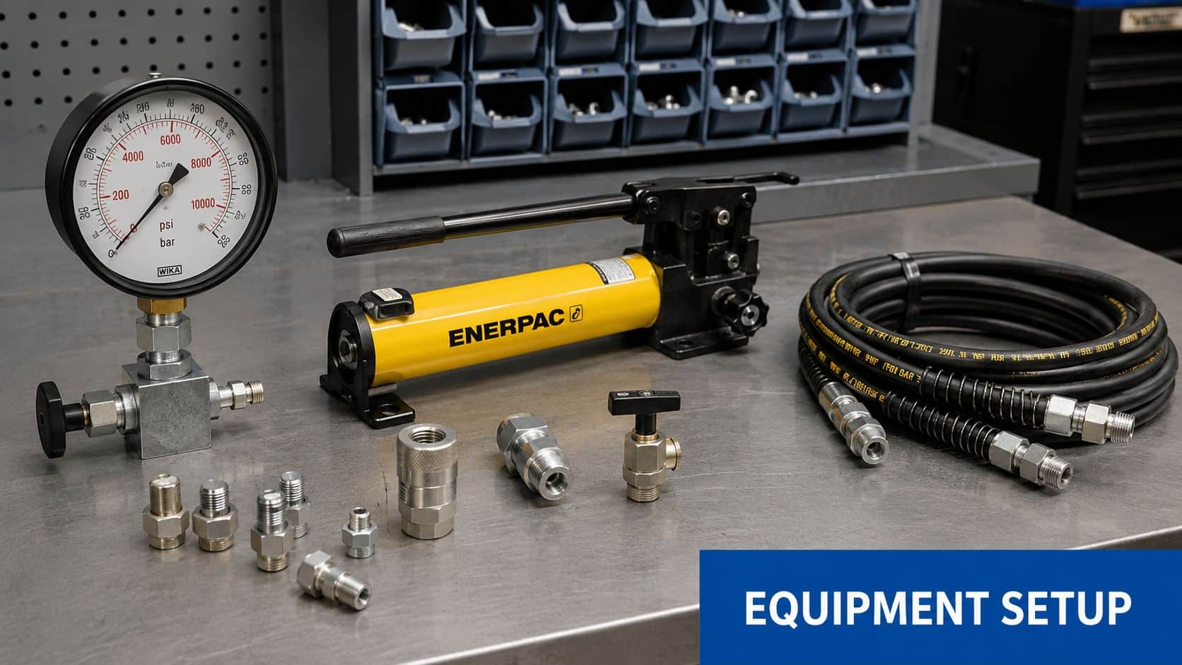 An Enerpac hand pump, hydraulic hose, pressure gauge, and various metal fittings arranged on a metal workbench.