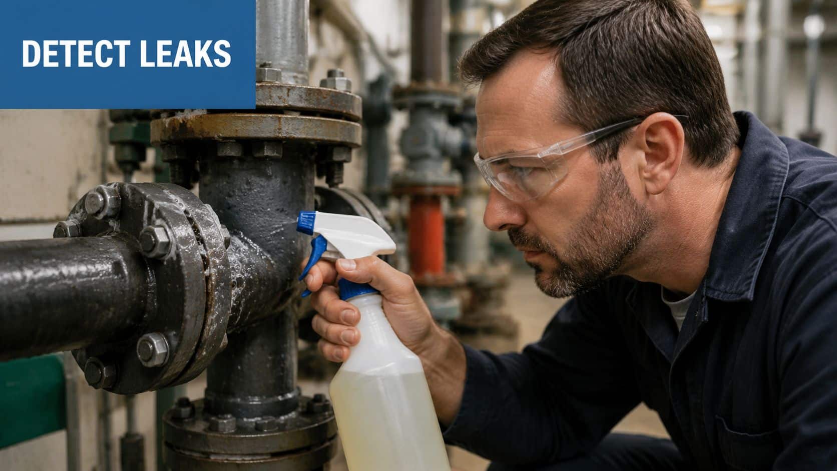 A technician wearing safety goggles uses a spray bottle to check for leaks on industrial pipe flanges.