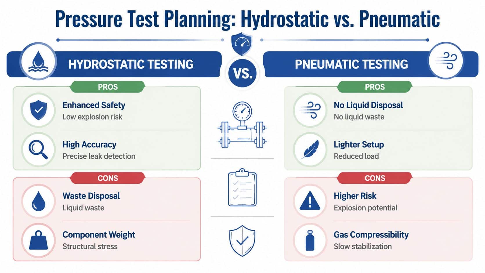 A comparison chart outlining the pros and cons of hydrostatic and pneumatic pressure testing methods for engineering.