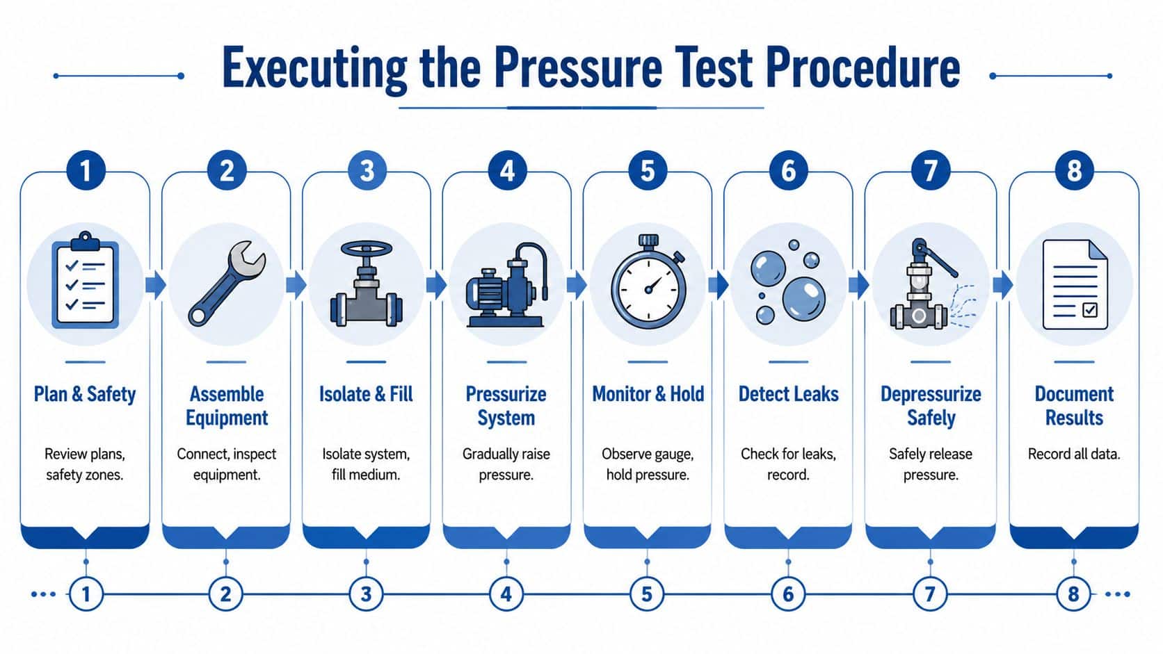 An eight-step infographic illustrating the standardized procedure for executing a safe industrial system pressure test.