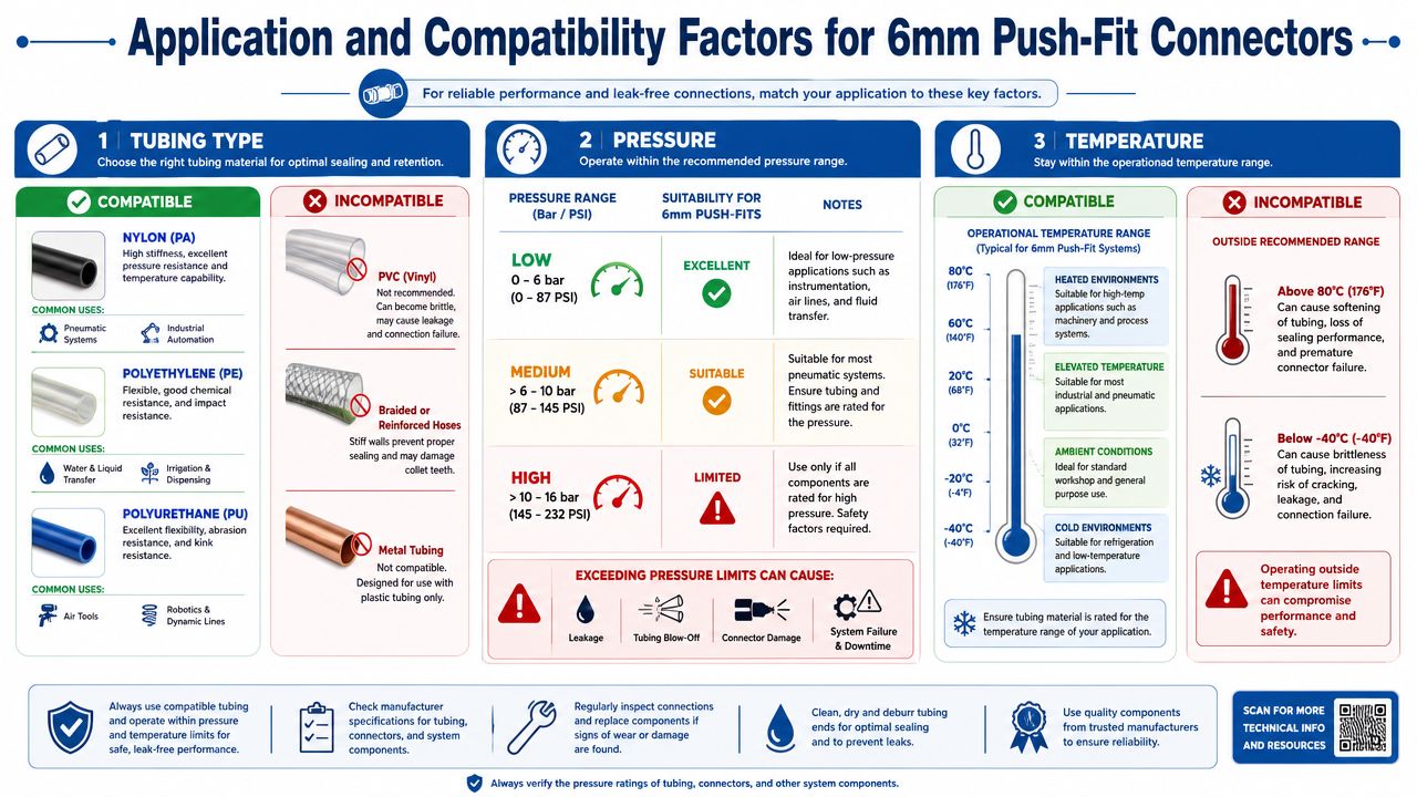 An infographic detailing application and compatibility factors for 6mm push-fit connectors, including tubing types, pressure, and temperature.