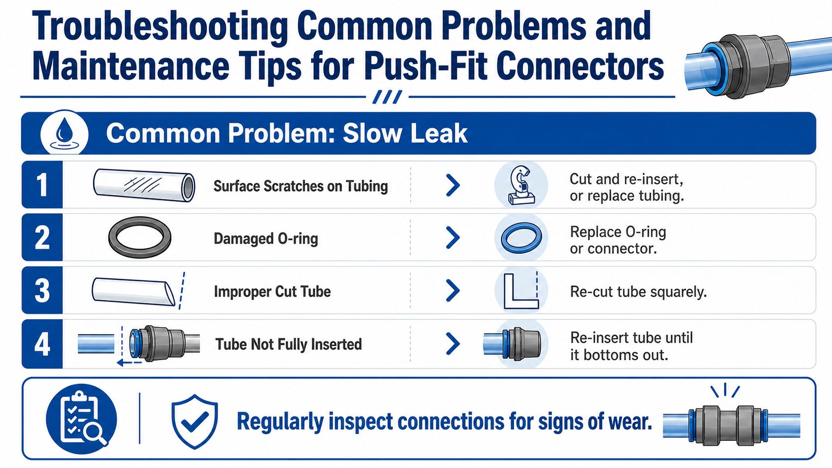 A troubleshooting infographic illustrating common causes and solutions for slow leaks in push-fit connector systems.