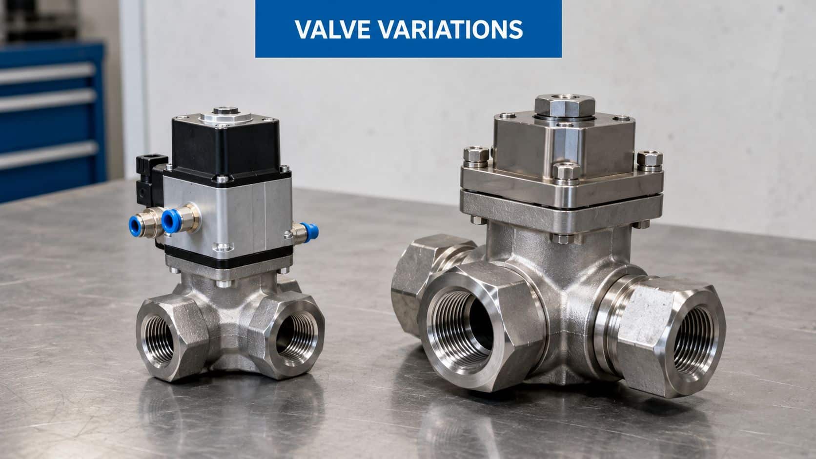 A studio shot showing two industrial stainless steel three-way solenoid valves displayed on a metal table.