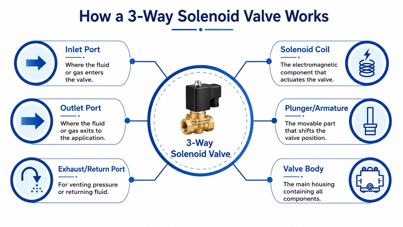 A technical infographic illustrating the components and functions of a 3-way solenoid valve with descriptive labels.