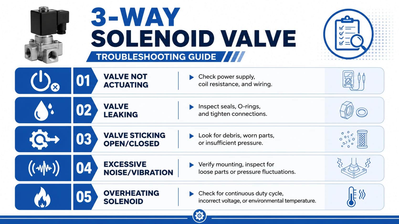 A troubleshooting guide for a 3-way solenoid valve, detailing common issues like leaks, noise, and overheating.
