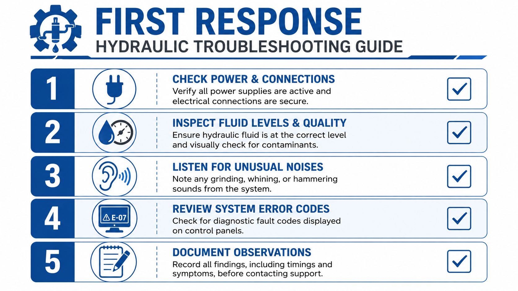 A hydraulic troubleshooting infographic showing five steps to follow during a system failure response.