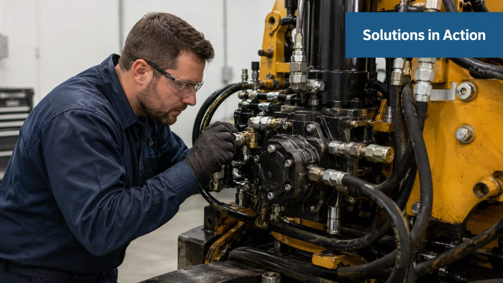 A skilled technician wearing safety glasses and gloves performs maintenance on industrial hydraulic heavy machinery equipment.