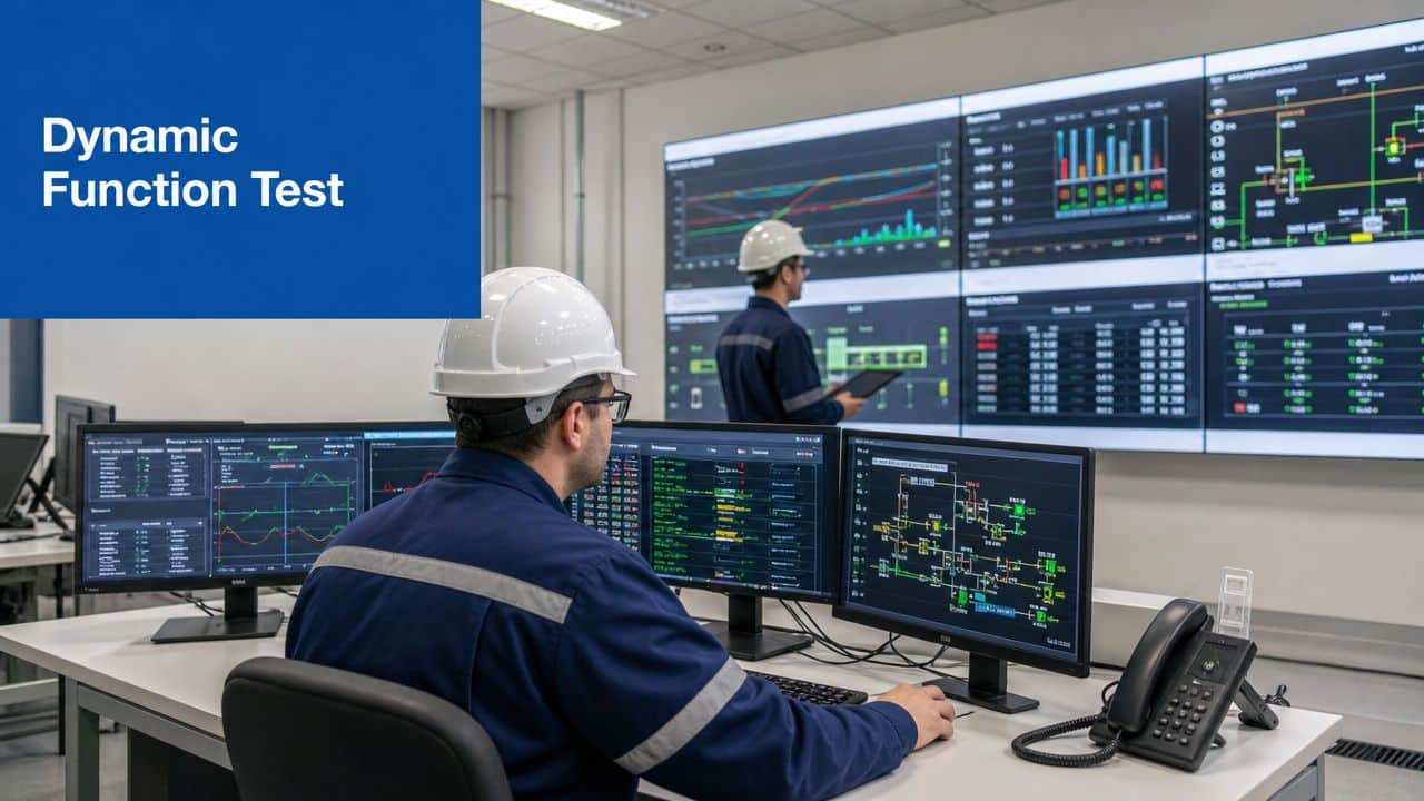 Two technicians in hard hats monitoring complex power grid infrastructure on large control room screens.