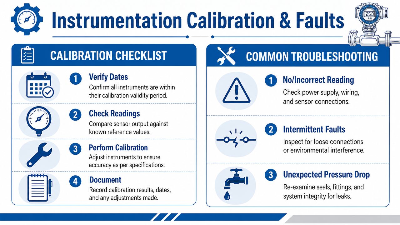 An infographic detailing the four steps of a calibration checklist and three common instrumentation troubleshooting methods.