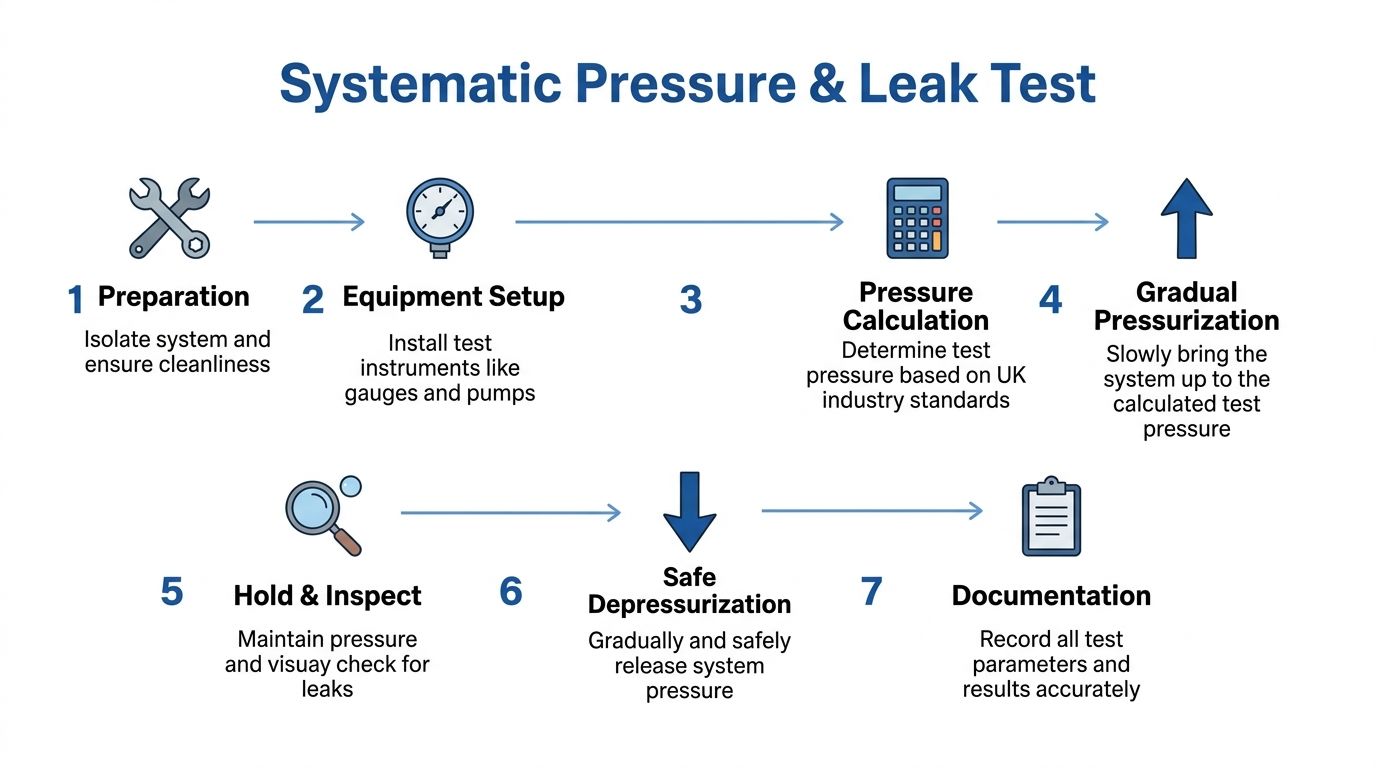 An infographic detailing the seven-step systematic process for conducting a pressure and leak test on equipment.