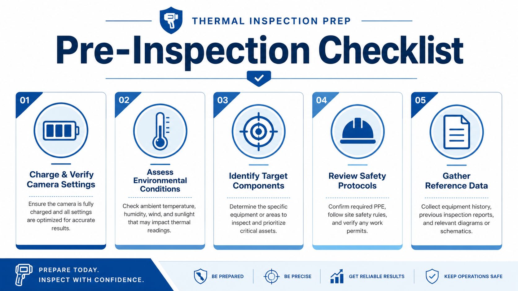 A thermal inspection prep checklist showing five steps for a successful camera scan on industrial equipment.