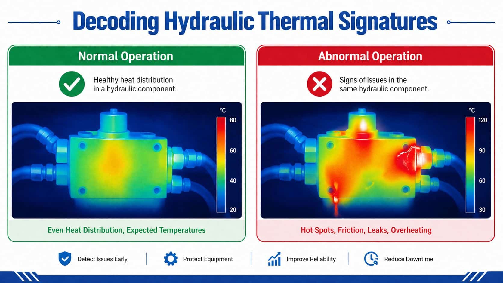 A thermal imaging comparison showing normal hydraulic operation versus abnormal operation with hot spots and leaks.
