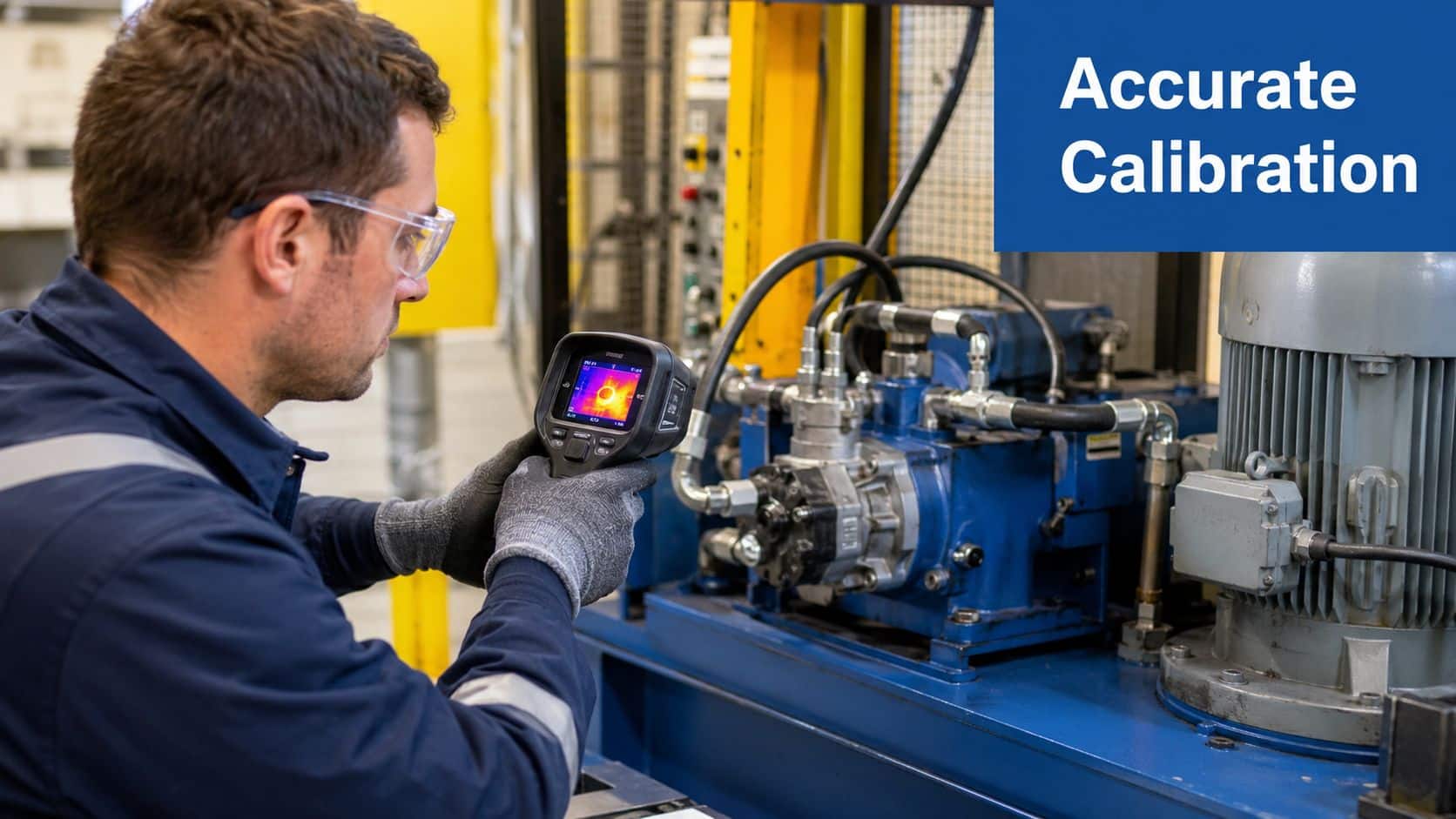 A technician wearing safety glasses and gloves uses a thermal imaging camera to inspect industrial machinery equipment.