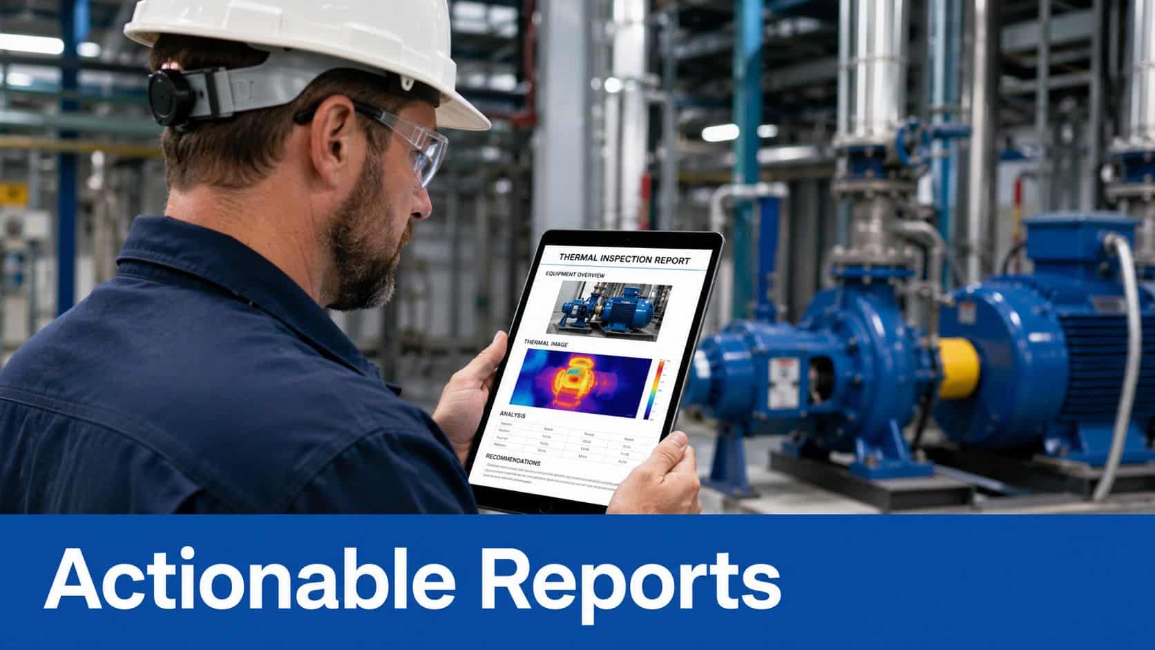 A technician wearing a hard hat reviews a digital thermal inspection report on a tablet in an industrial factory.