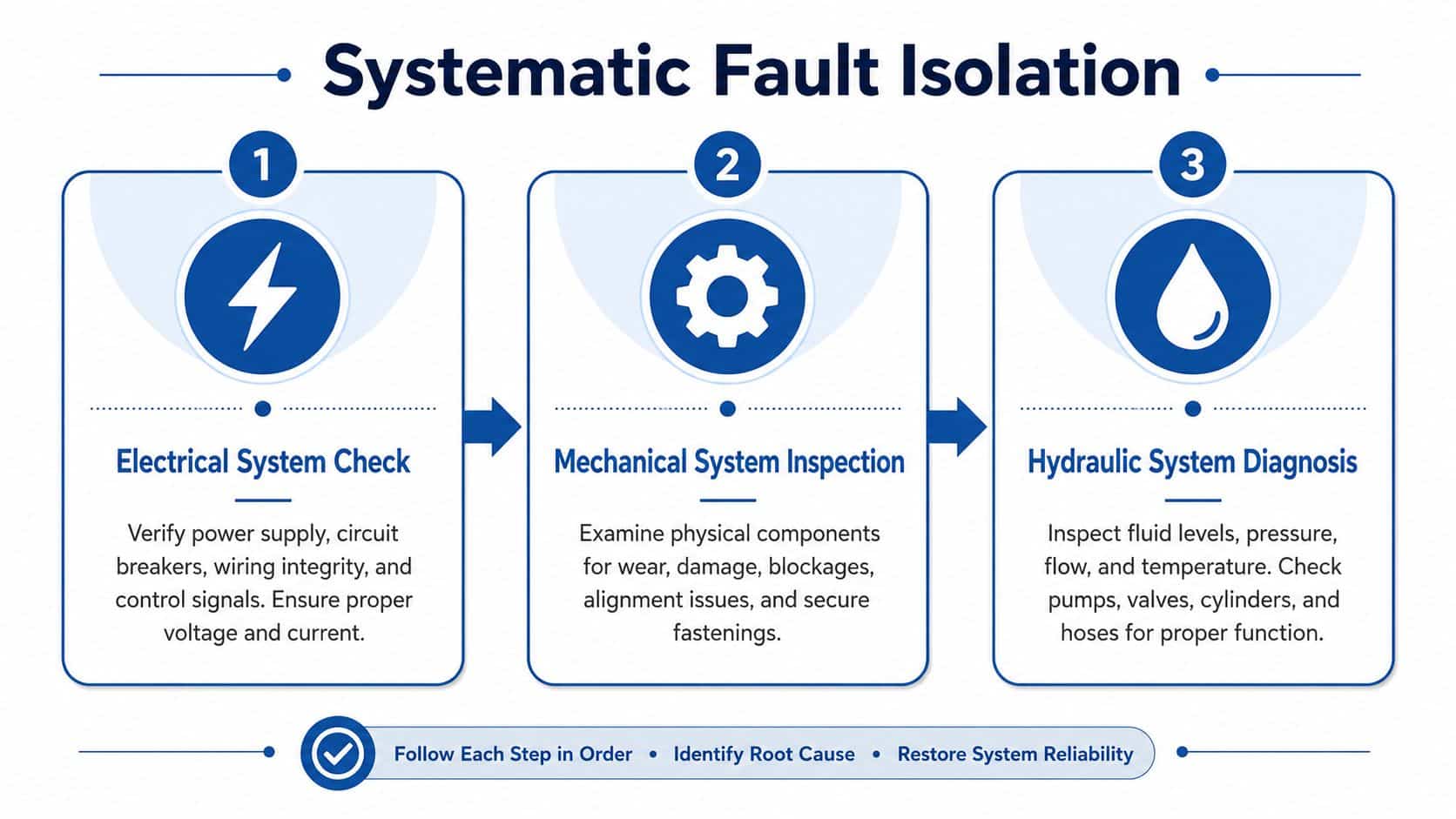 A diagram outlining the three-step systematic fault isolation process for diagnosing electrical, mechanical, and hydraulic systems.