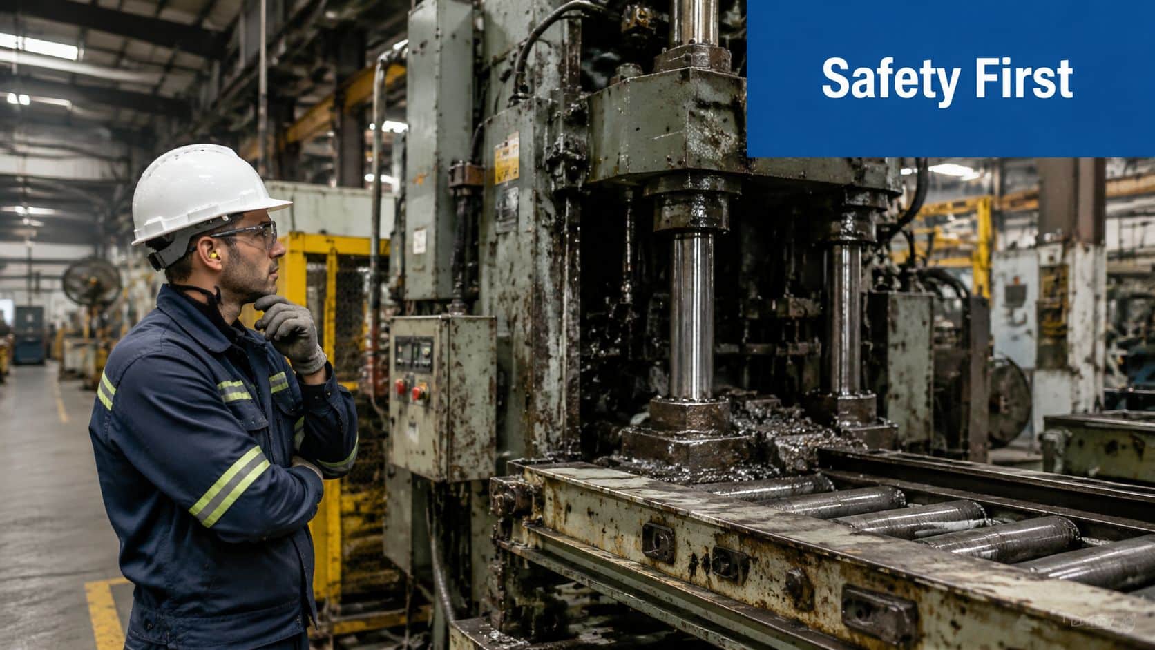 A worker in a hard hat inspects industrial machinery while pondering a solution in a factory.