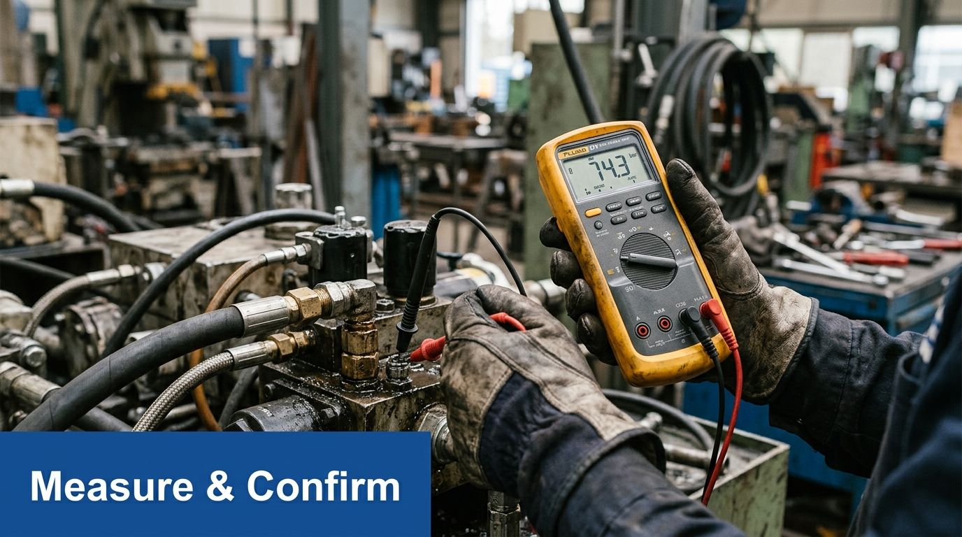 A technician wearing work gloves uses a digital multimeter to measure hydraulic system pressure in a workshop.