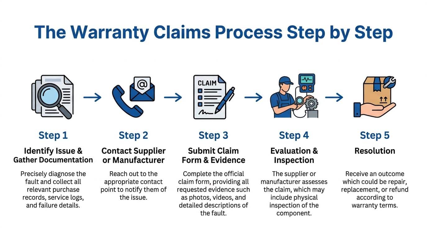 A step-by-step infographic illustrating the professional process for making a valid warranty claim for damaged products.