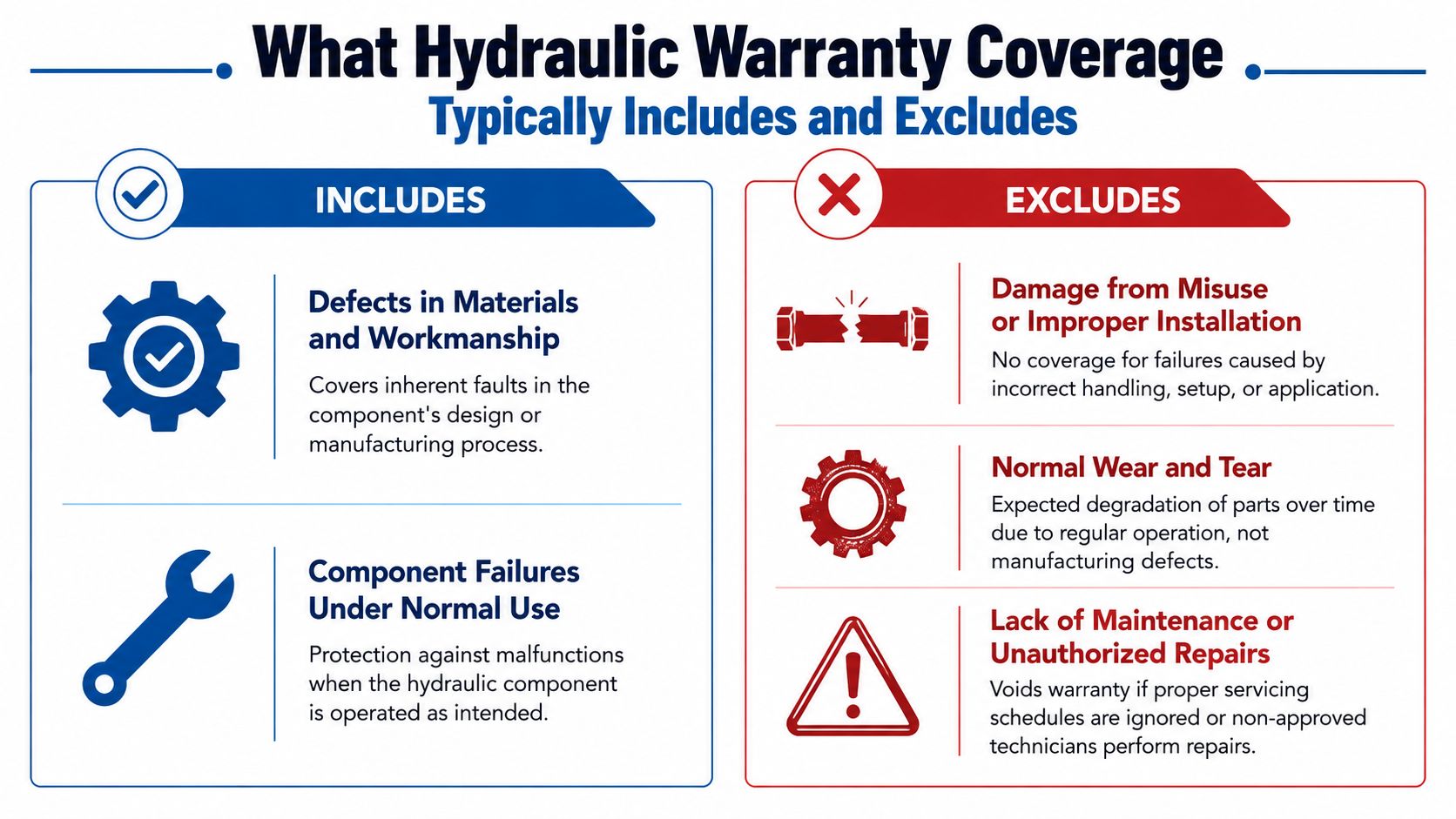 A graphic showing what hydraulic component warranties typically include and exclude, highlighting coverage areas and voiding factors.