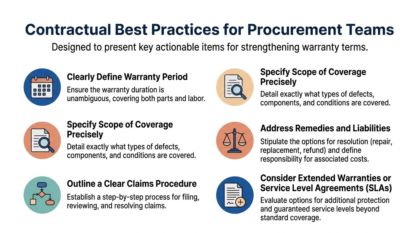 A professional infographic outlining six contractual best practices for procurement teams regarding warranty coverage and service agreements.
