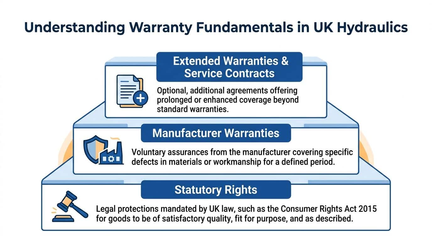 A tiered pyramid diagram explaining statutory rights, manufacturer warranties, and extended warranty coverage in UK hydraulics.