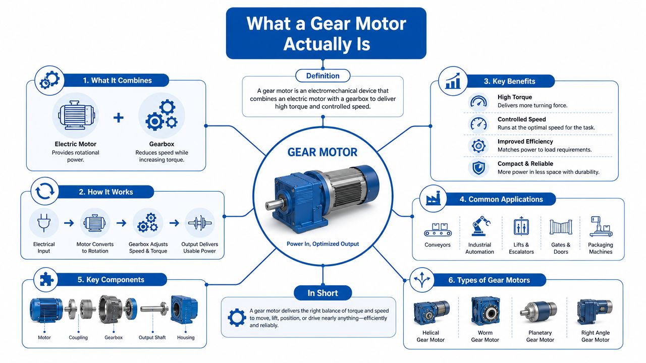 An infographic titled What a Gear Motor Actually Is, explaining its components, benefits, applications, and different types.