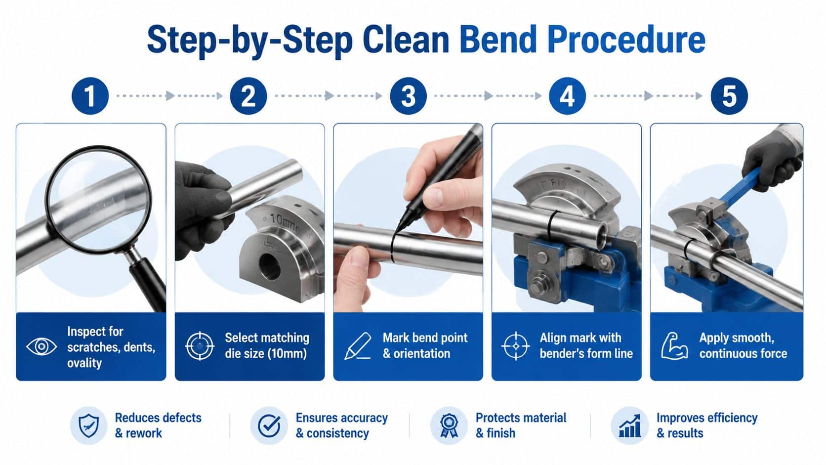 A five-step infographic showing the clean bend procedure for a 10mm tube bender machine.