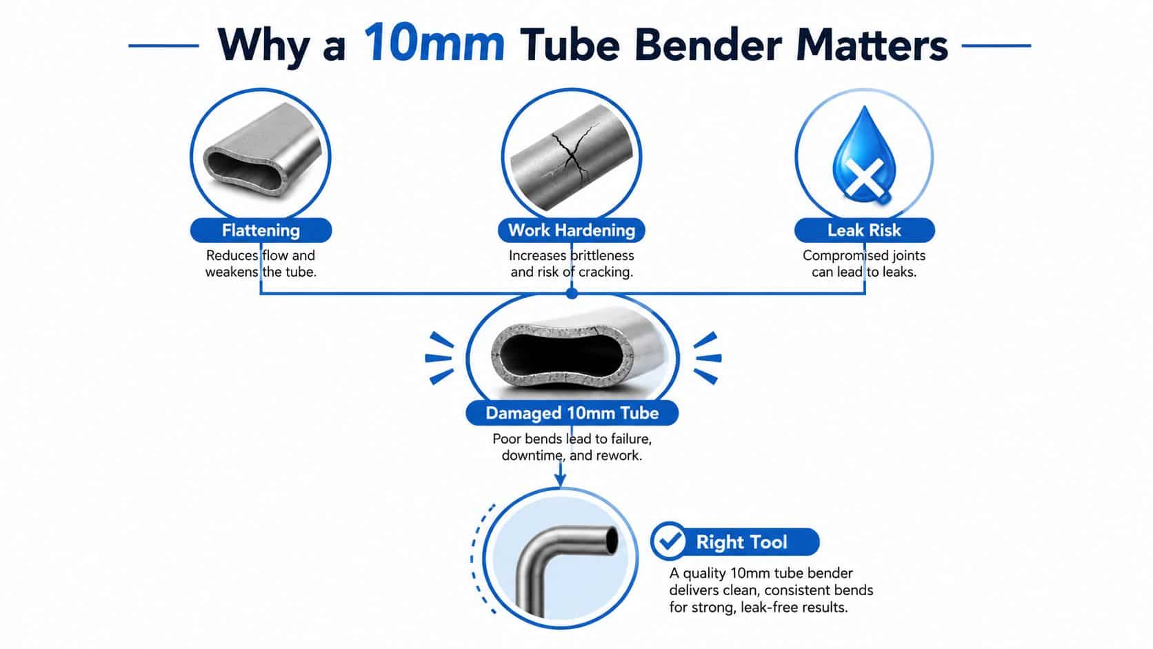 An infographic showing the importance of using a high-quality 10mm tube bender to prevent damaged tubing.