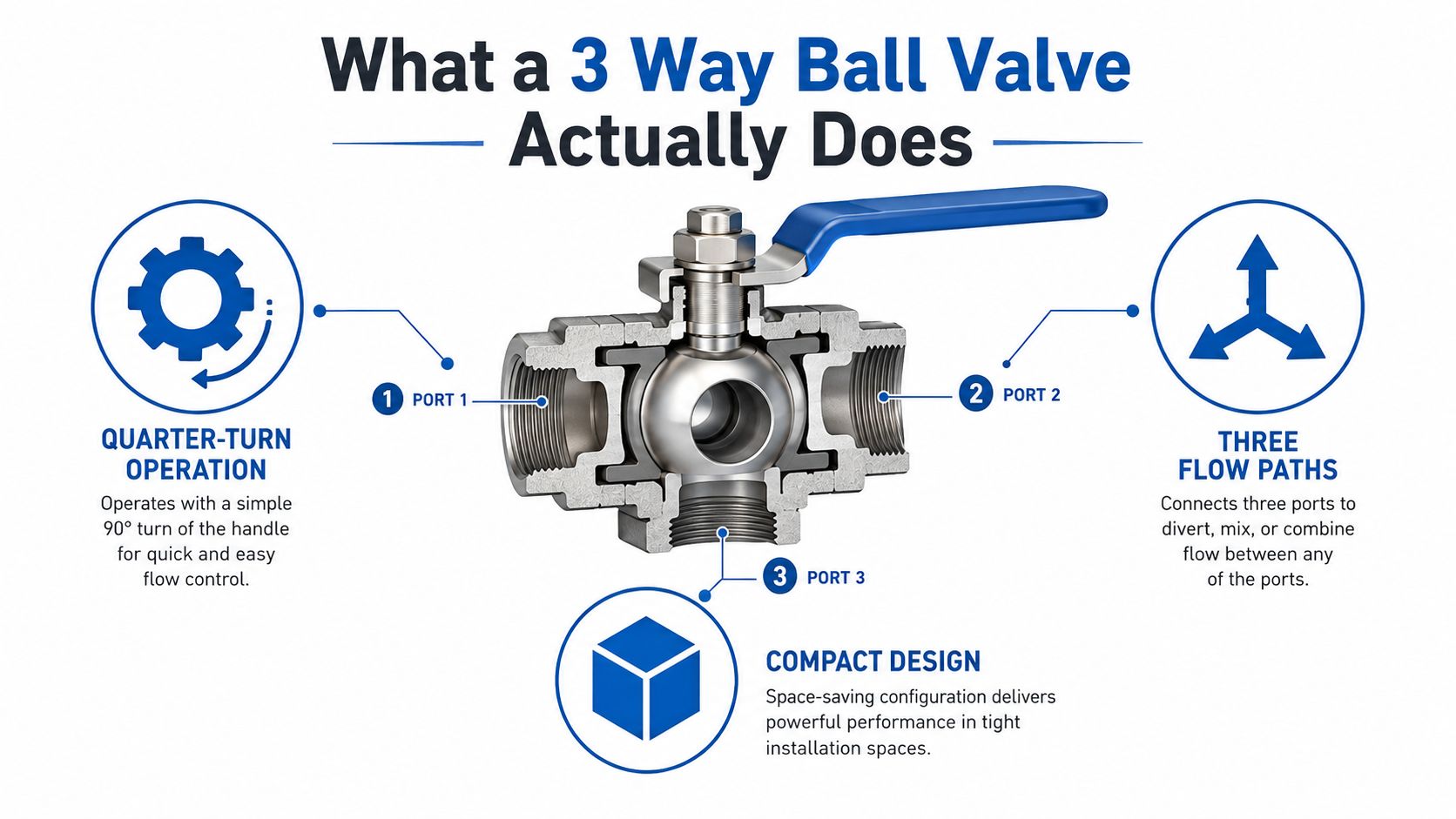 A diagram illustrating the functionality and key features of a three-way ball valve with labeled ports.