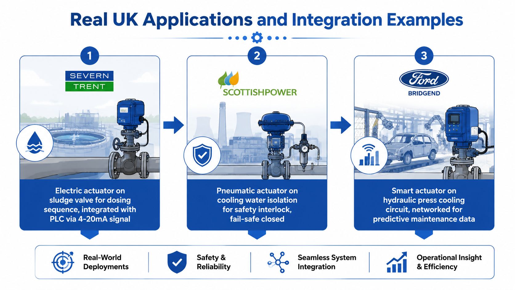 A diagram illustrating three real-world UK industrial applications of electric, pneumatic, and smart actuators in manufacturing.