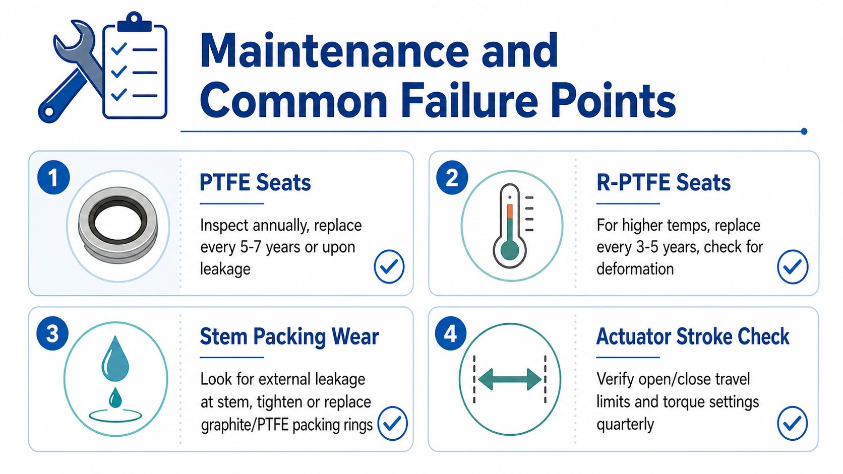 An infographic detailing maintenance tips and common failure points for industrial ball valves and actuators.