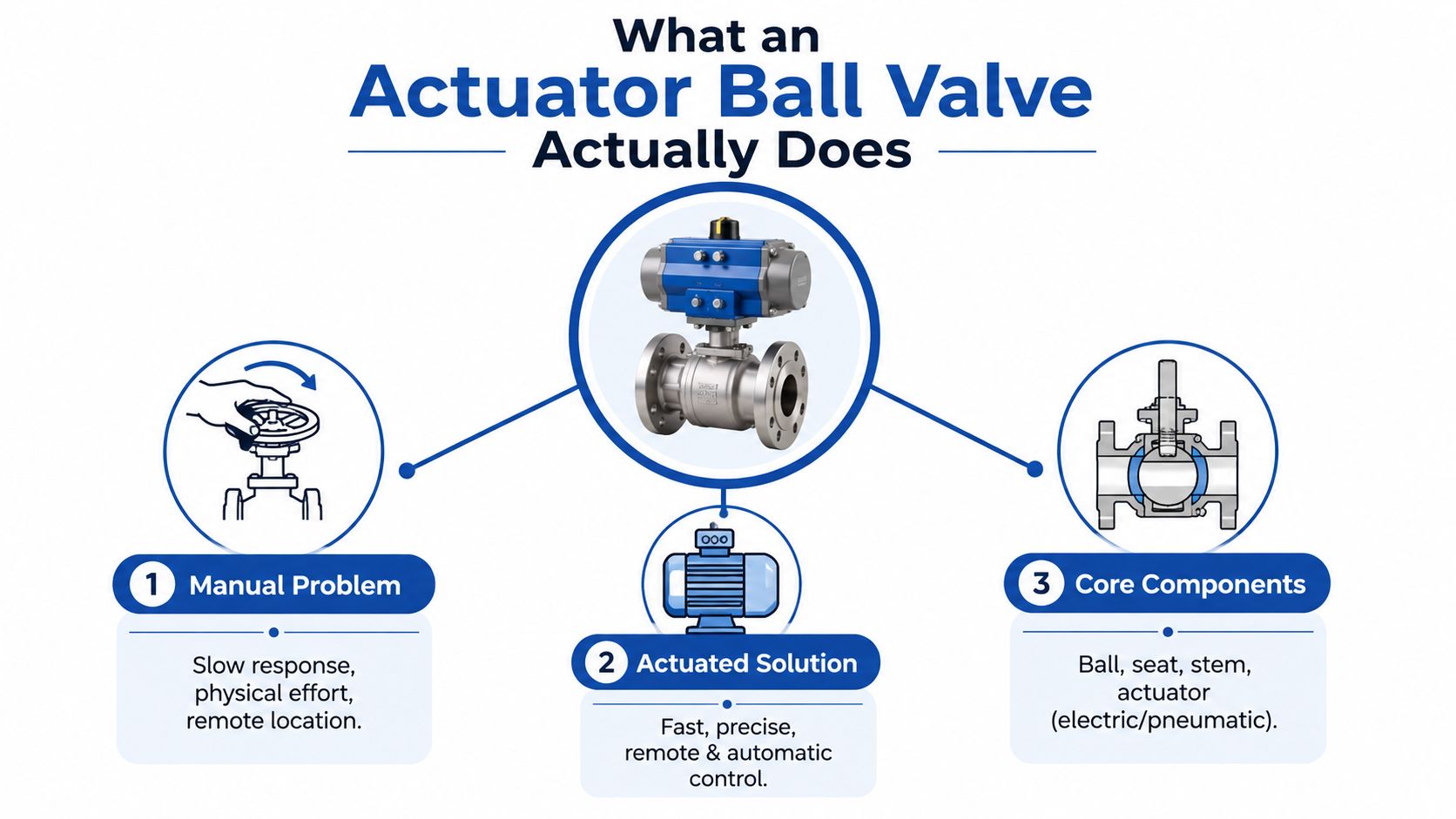 A diagram comparing manual valves to actuated ball valves, showing their components and operational benefits.