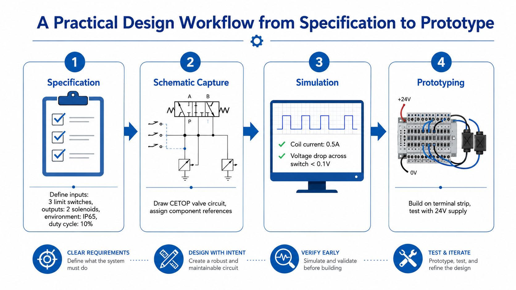 An infographic showing a four-step practical design workflow from initial specifications to final hardware prototyping.